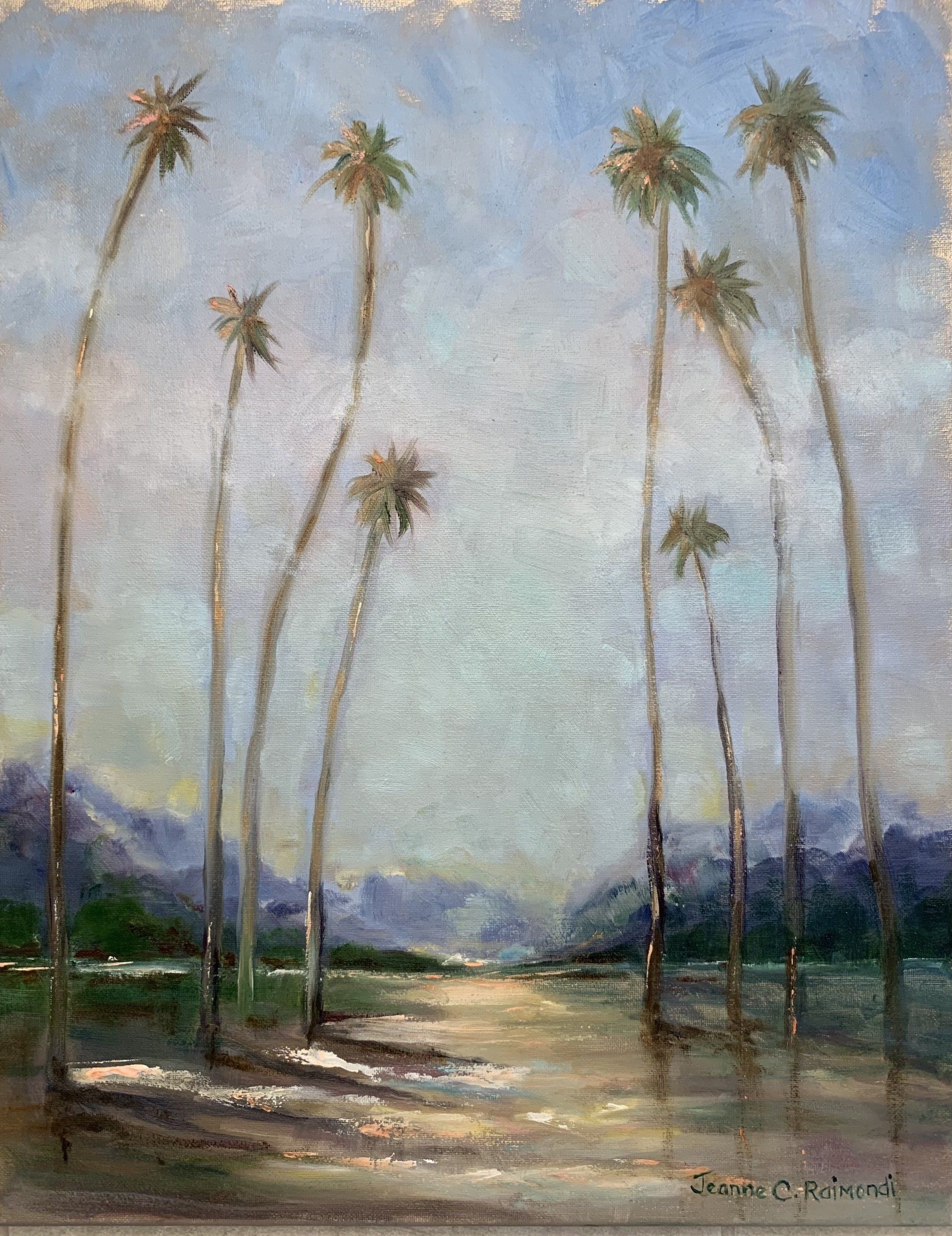 Palm trees reflected in water, distant mountains, soft colors.