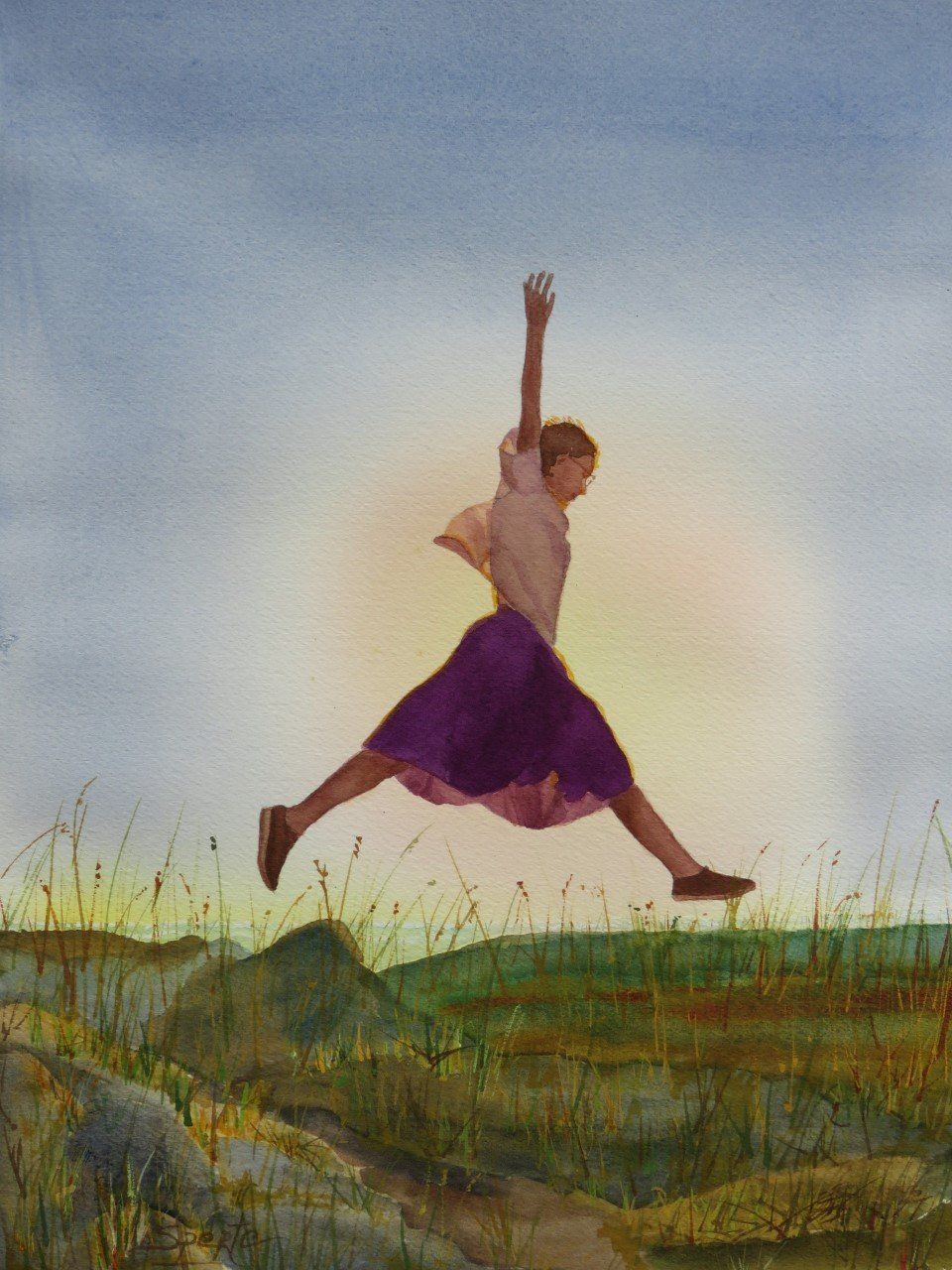 Person in purple skirt leaps joyfully outdoors, arm raised. Sunlight bathes them in a field of green and gold.