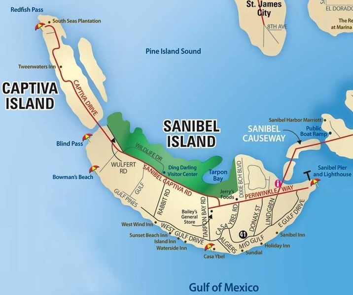 Map of Captiva and Sanibel Islands, Florida, highlighting roadways and landmarks.