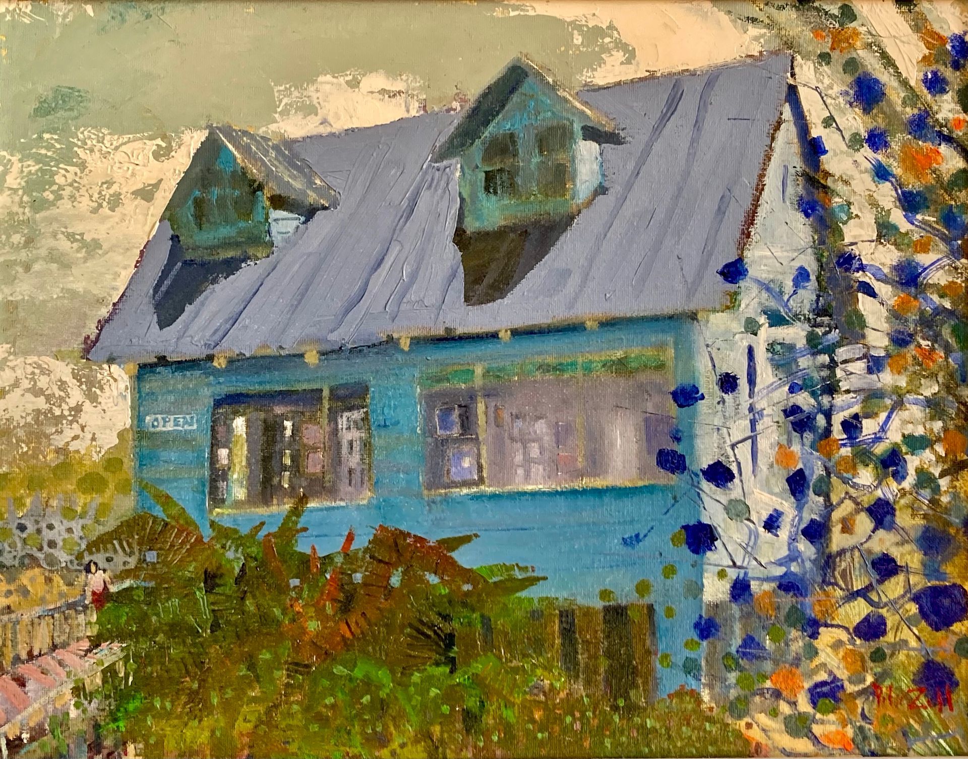 Blue house with dormers and plants, watercolor style.