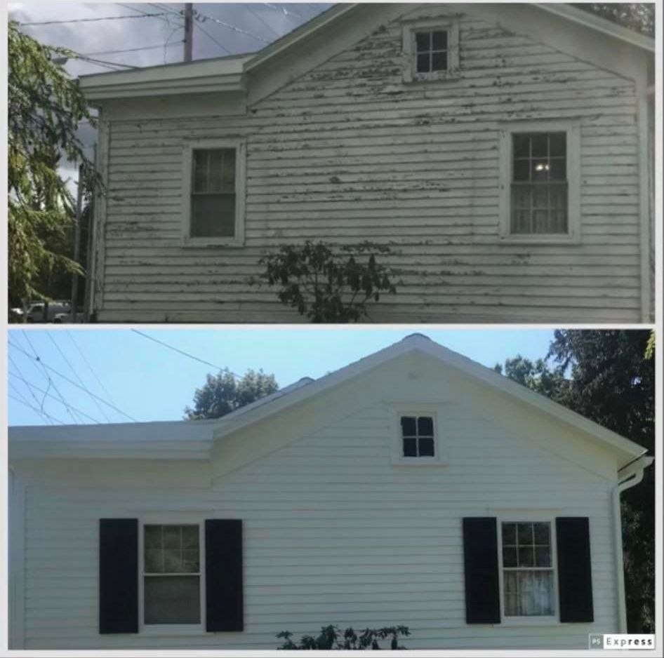 Before and After Photo of a House with White Paint and Black Shutters — Poland Township, OH — Donnadio Painting