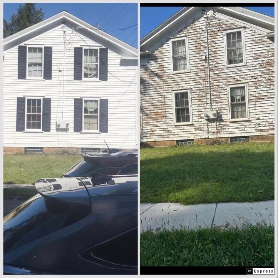 Before and After Photo of a White House with Black Shutters — Poland Township, OH — Donnadio Painting