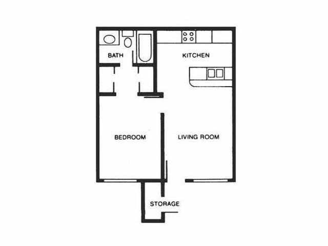 Black-and-white apartment floor plan labeled bath, kitchen, bedroom, living room, and storage.