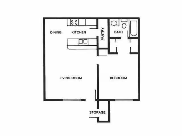 Black-and-white apartment floor plan with dining, kitchen, bath, living room, bedroom, and storage areas