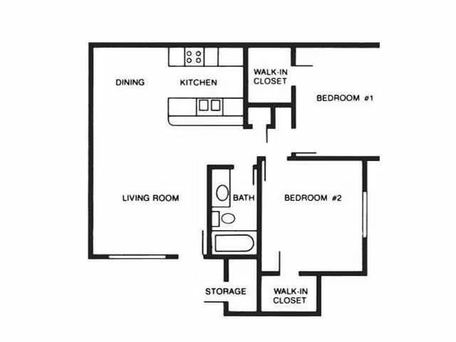 Black-and-white apartment floor plan with living room, kitchen, dining, bath, two bedrooms, closets, and storage