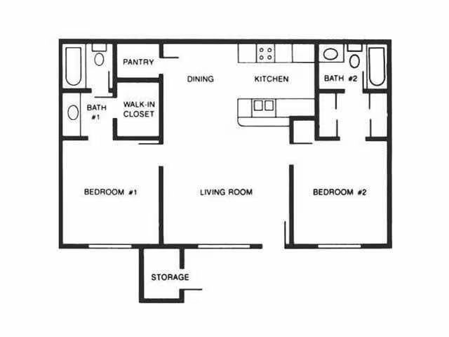 Black-and-white house floor plan with dining, kitchen, living room, bedrooms, baths, pantry, and storage areas
