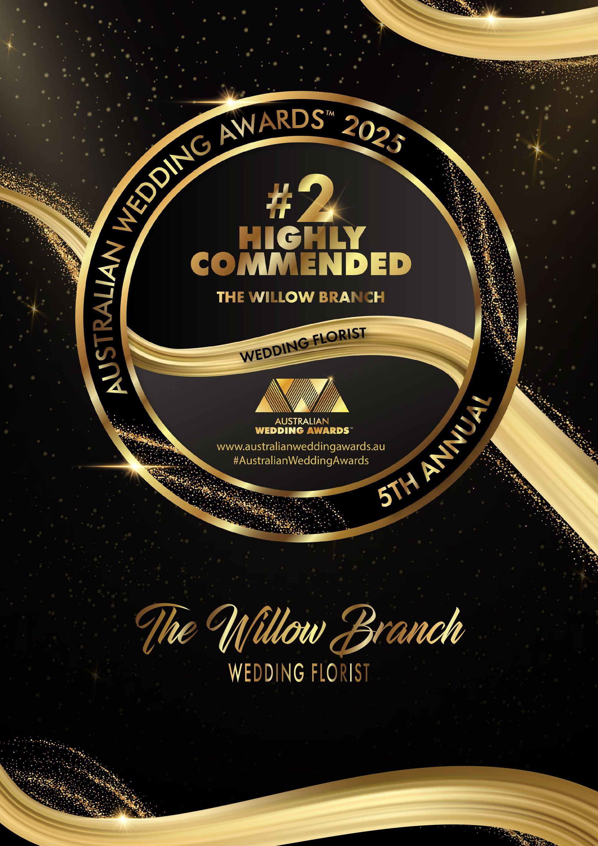 Award badge: The Willow Branch, #2 Highly Commended by Australian Wedding Awards 2025. Black and gold design.