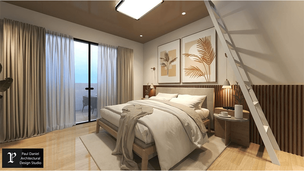 A bedroom with a large bed and a ladder