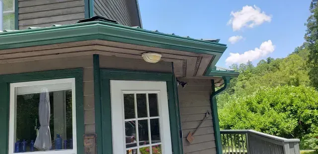 Exterior of a house with green trim, a white door, and a green metal roof under a blue sky.