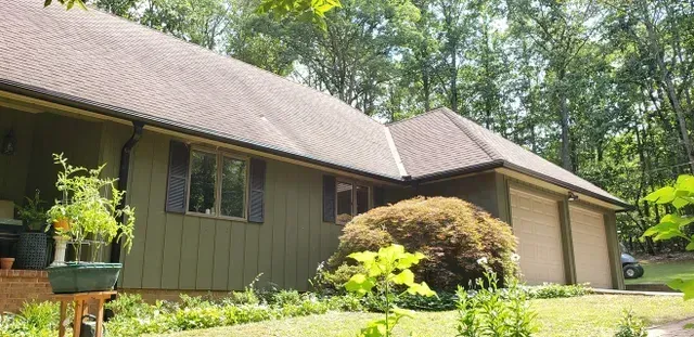 A green house with a brown roof and two-car garage is surrounded by trees.