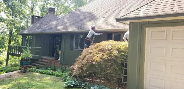 Person on a ladder cleaning gutters of a green house.
