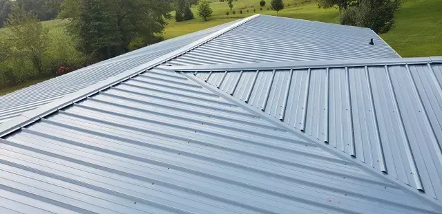 A metal roof of a building with visible ridges, set against a backdrop of green trees and grass.