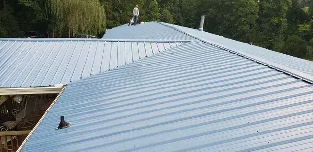 A person on a light blue metal roof. Green trees are in the background.