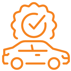 an orange icon of a car with a check mark on top of it .