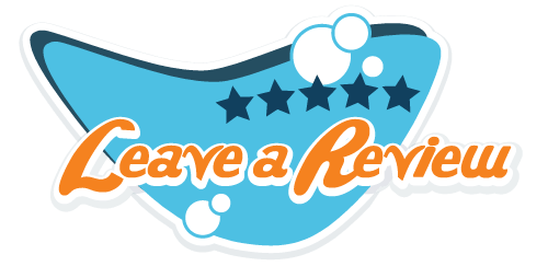 the logo for leave a review is blue and orange with bubbles and stars .