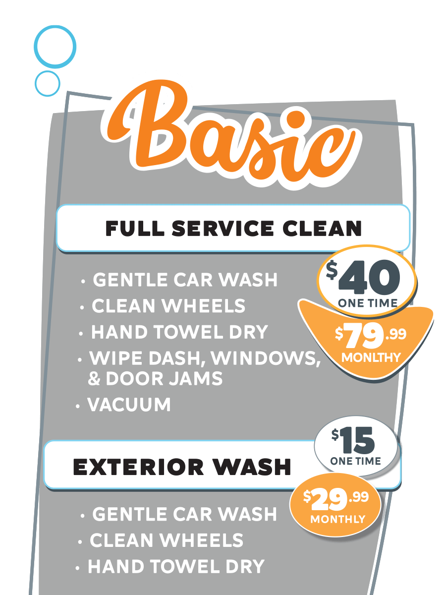 Basic car wash package for full service car cleaning and for exterior wash only at Bay Area Carwash