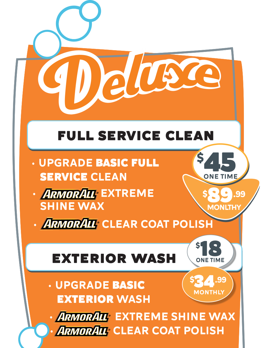 Deluxe Car wash package for full service car cleaning and for exterior wash only at Bay Area Carwash