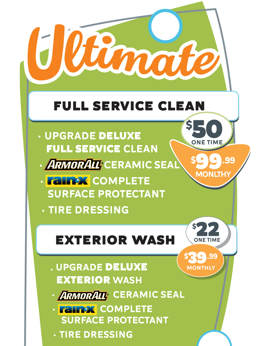 Ultimate car wash package for full service car cleaning and for exterior wash only at Bay Area Carwash
