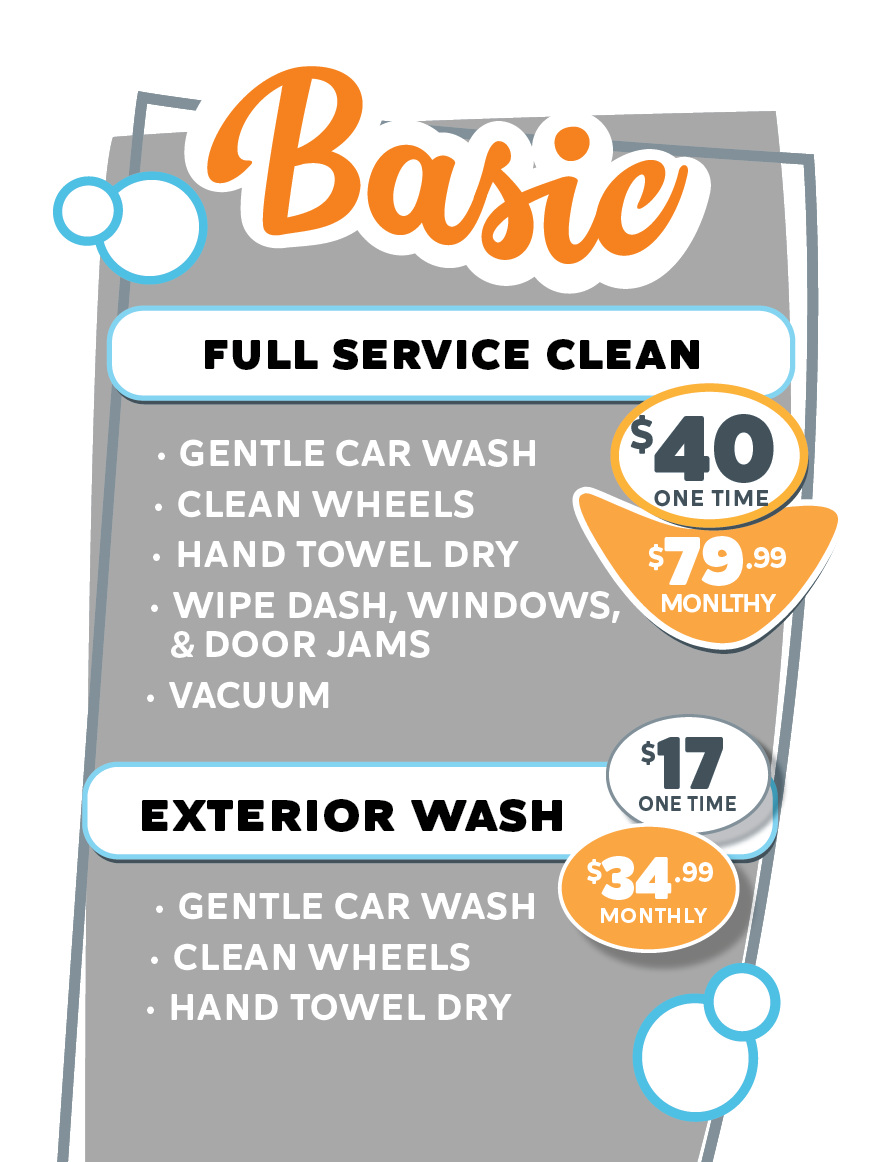 Basic car wash package for full service car cleaning and for exterior wash only at Bay Area Carwash