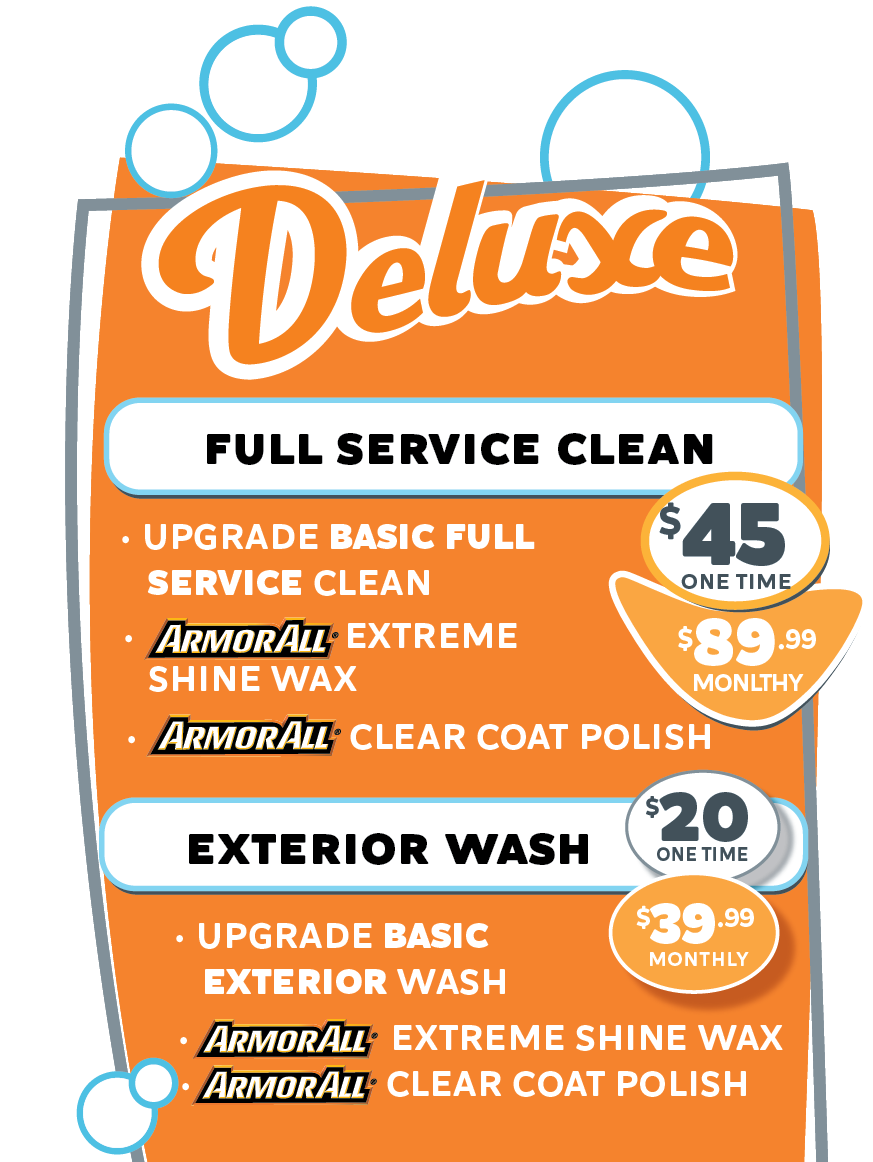 Deluxe Car wash package for full service car cleaning and for exterior wash only at Bay Area Carwash