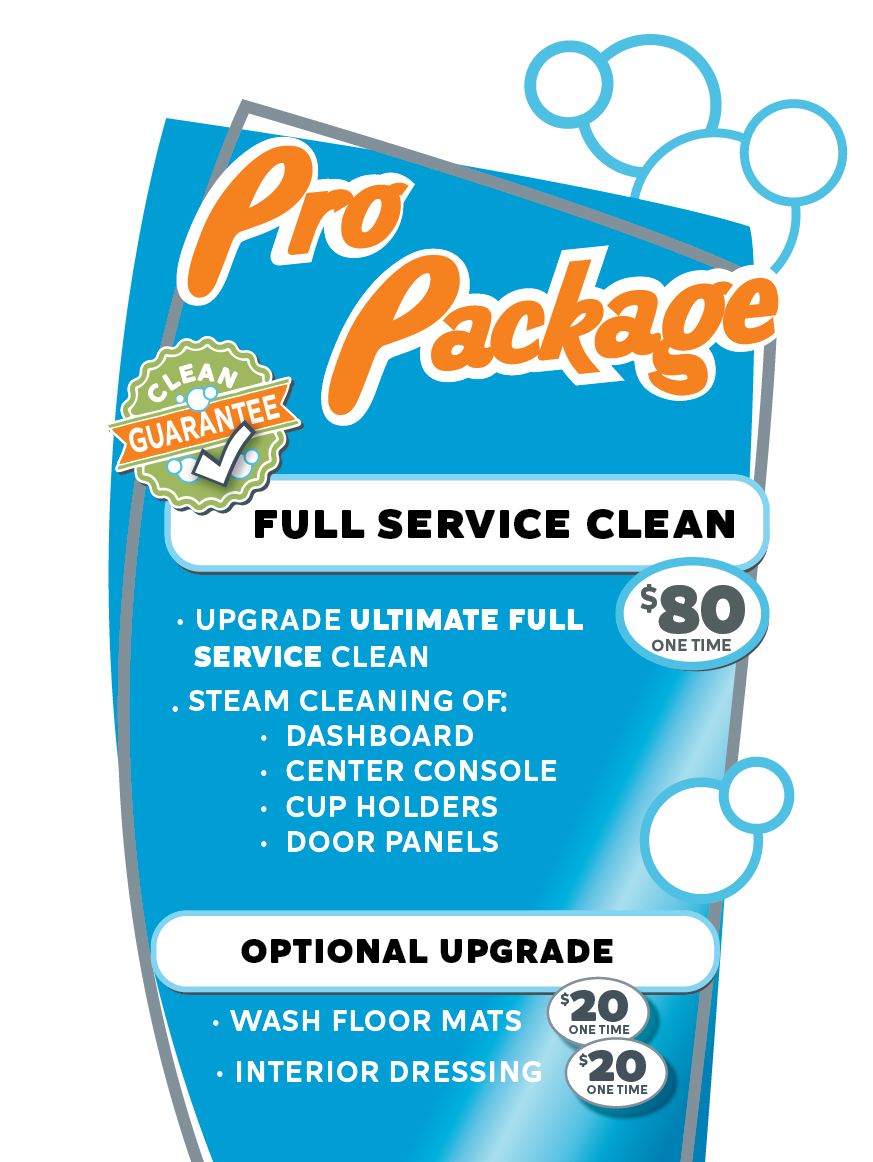 Pro Package Car wash package for full service car cleaning and for exterior wash only at Bay Area Carwash. With Clean Guarantee - our best wash!