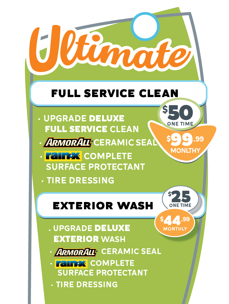 Ultimate car wash package for full service car cleaning and for exterior wash only at Bay Area Carwash