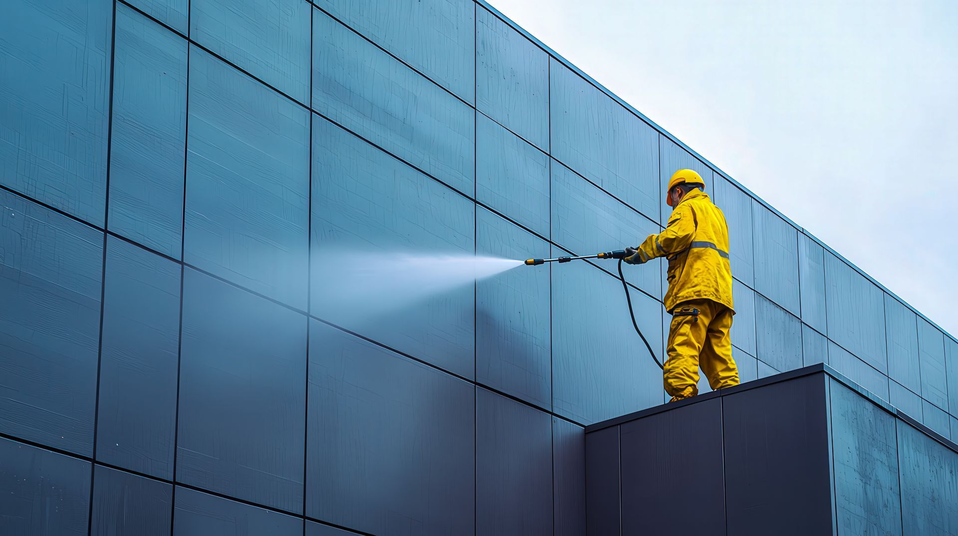 Person in yellow suit power washing a dark building exterior.
