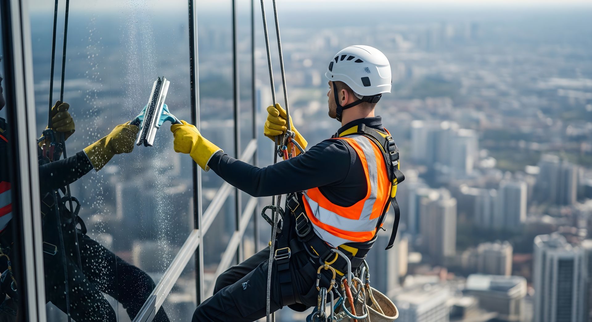Window cleaner suspended from high-rise building, cleaning a glass panel with a squeegee, wearing safety gear.