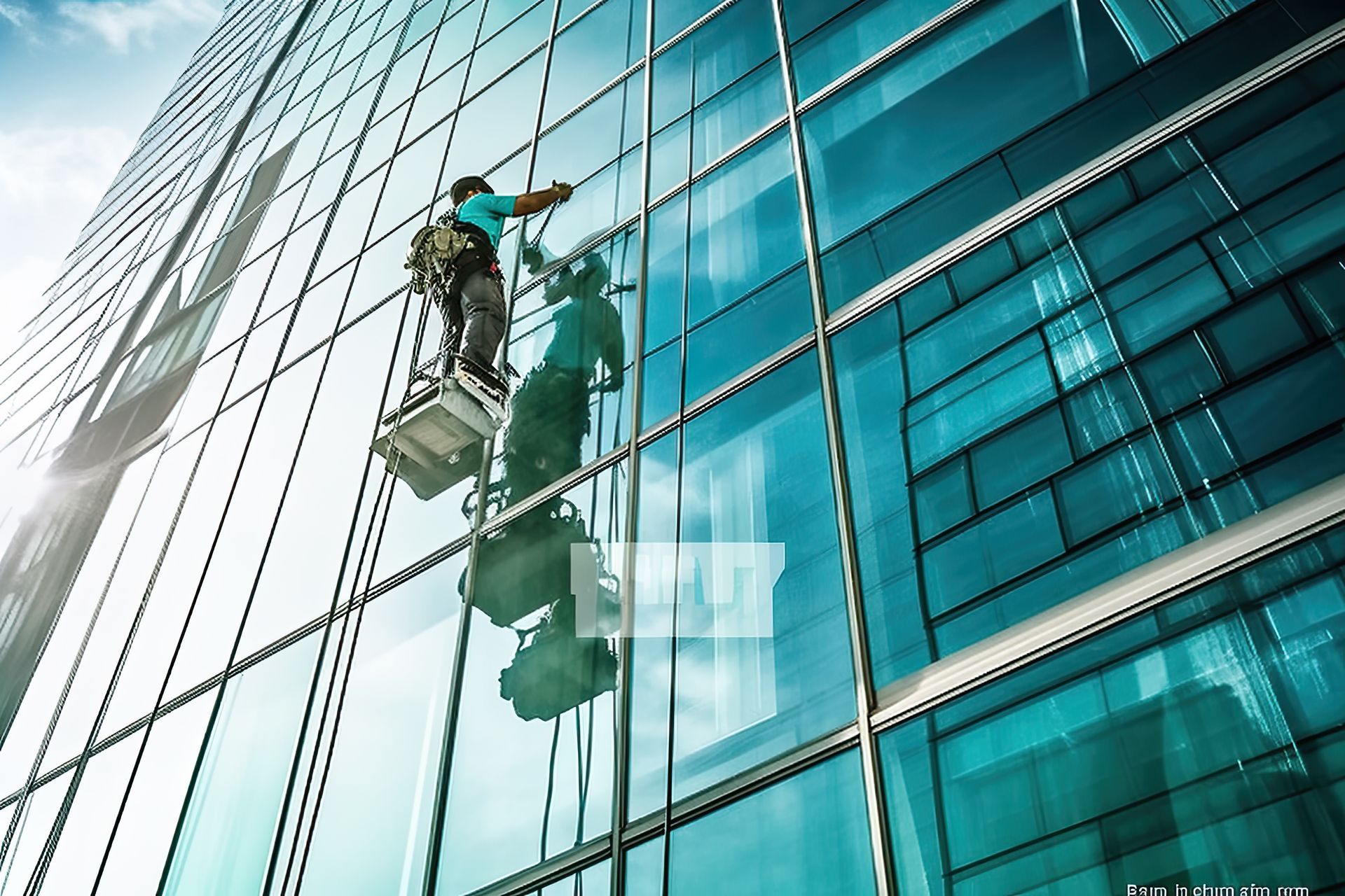 Window cleaner suspended from a platform, cleaning the glass facade of a tall skyscraper.