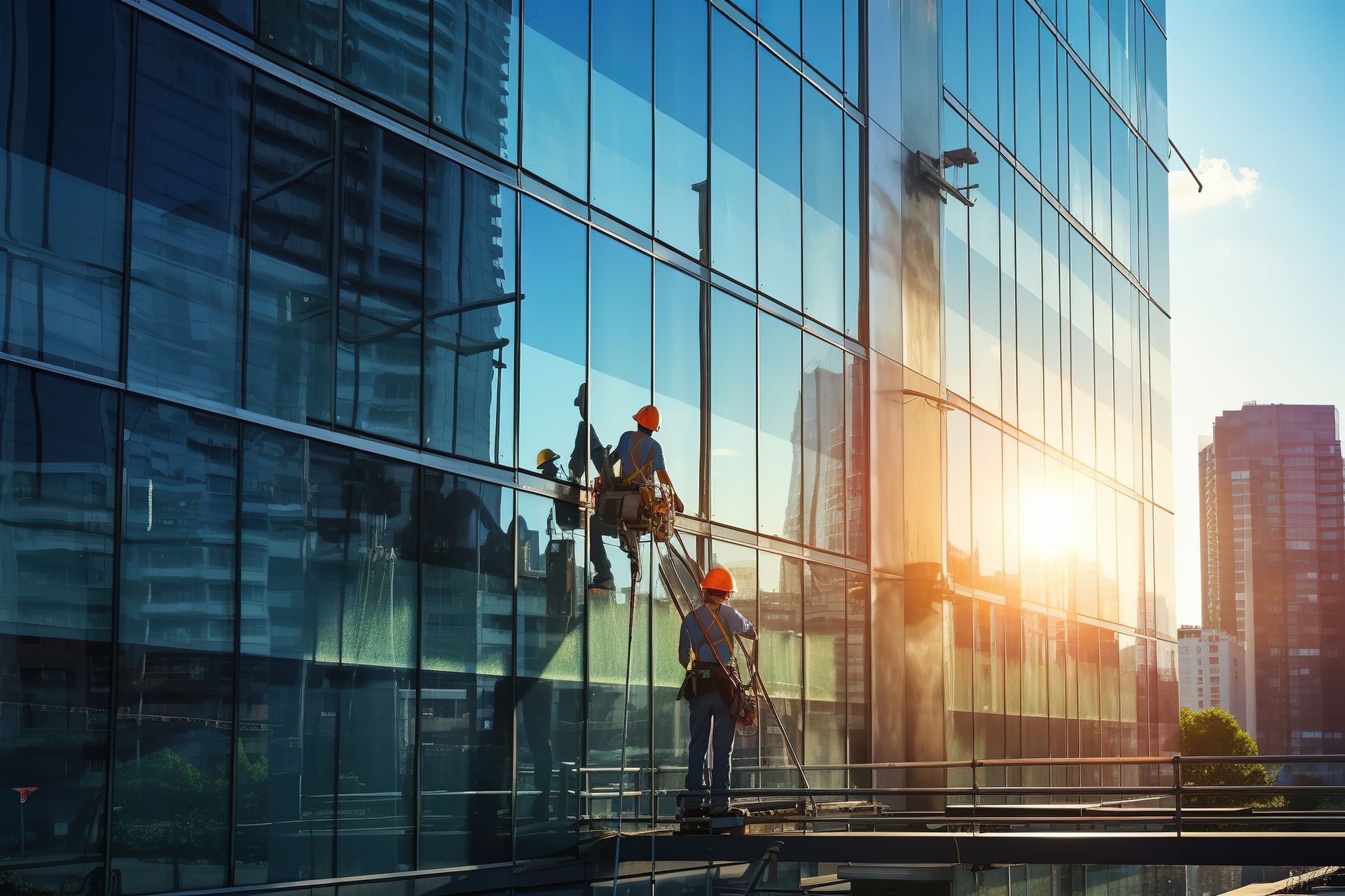 Window washers cleaning the exterior of a modern glass skyscraper with sunlight in the background.