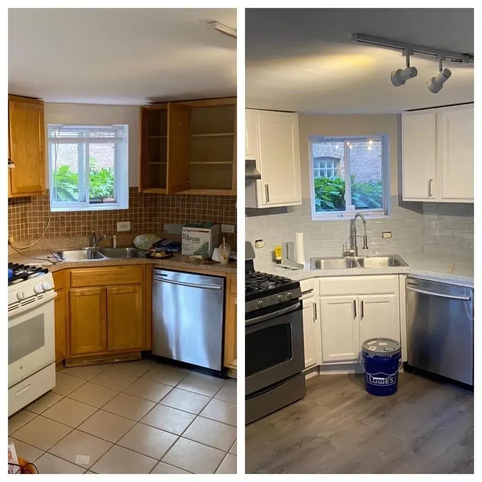 A before and after photo of a kitchen with wooden cabinets and stainless steel appliances.