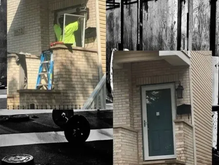 A person is cleaning an air conditioner with a high pressure washer.