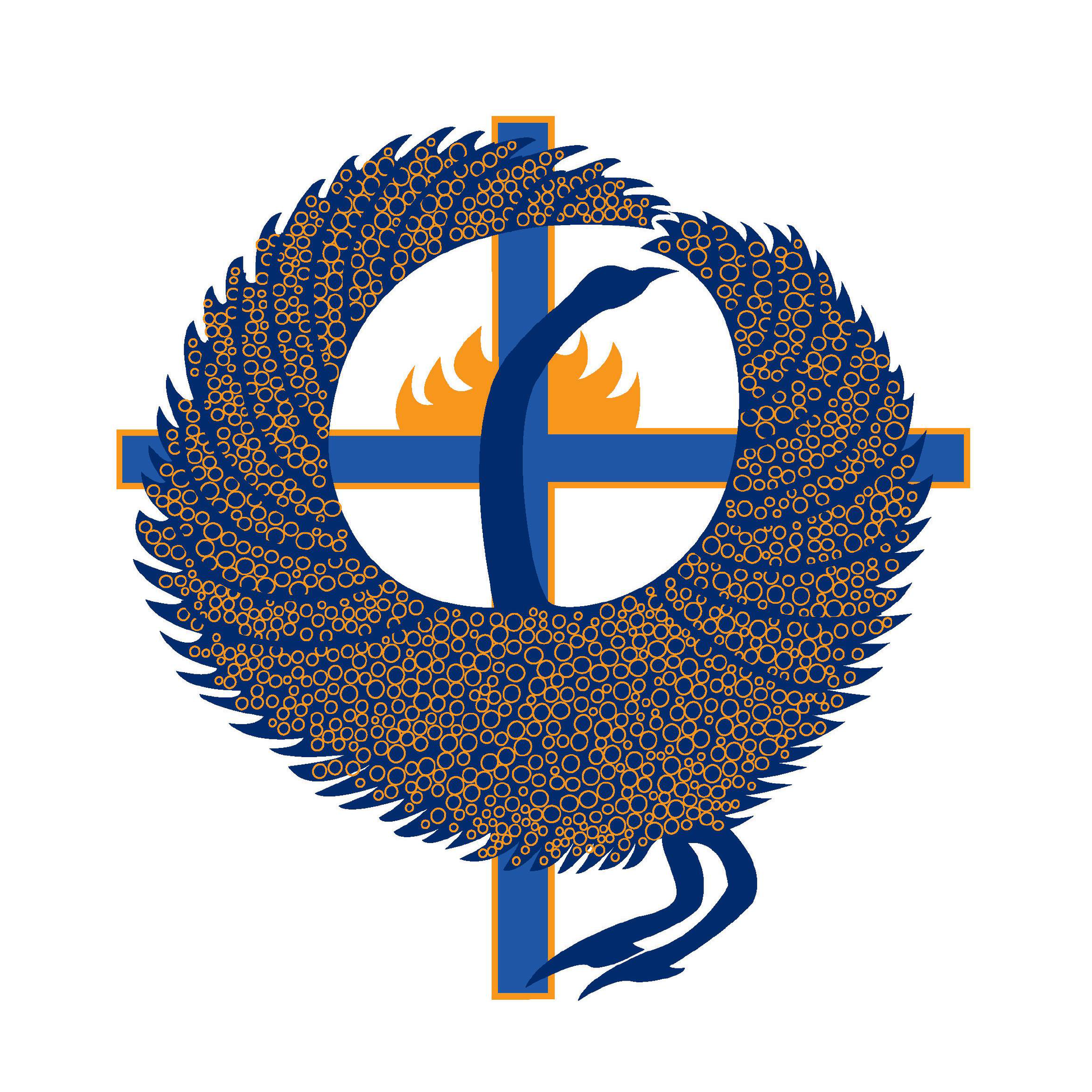 Blue cross with a stylized phoenix, flame, and bird on white background.