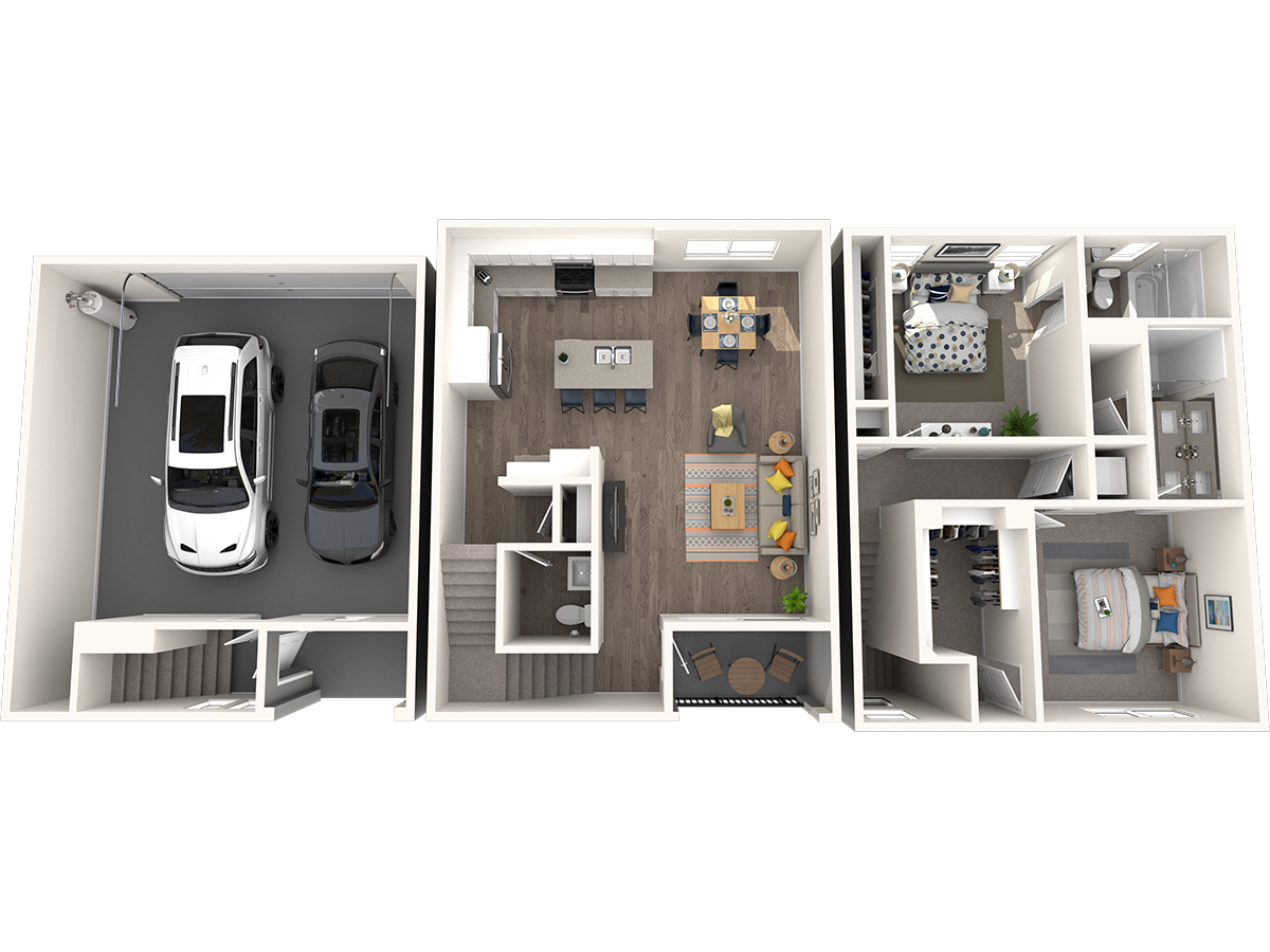 Floor plan of a three-story townhouse with a garage, kitchen, dining, and two bedrooms.