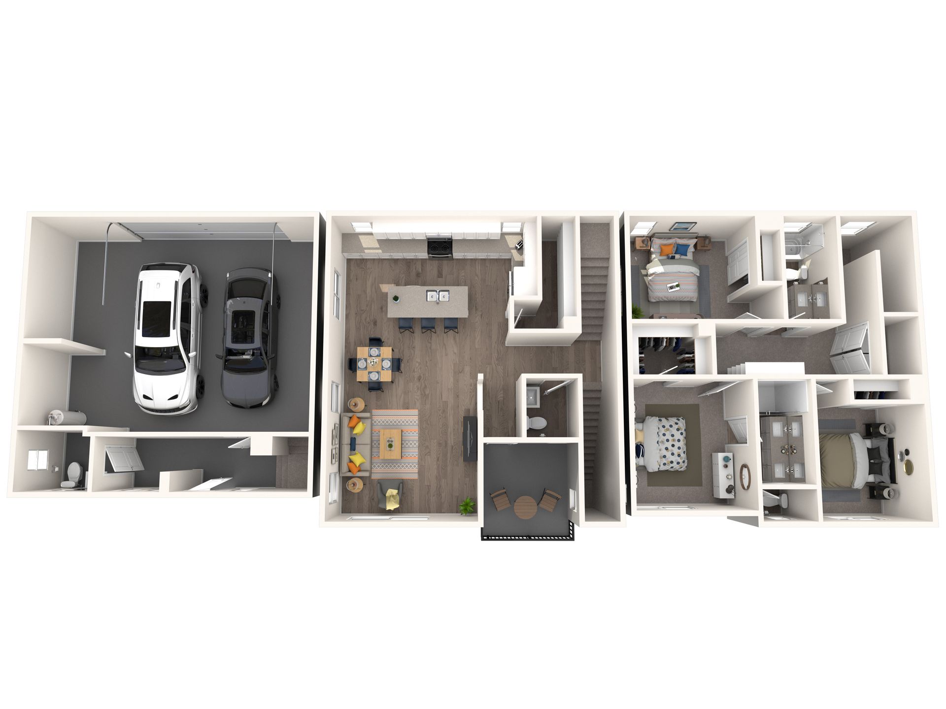 A 3d floor plan of a house with a car in the garage.