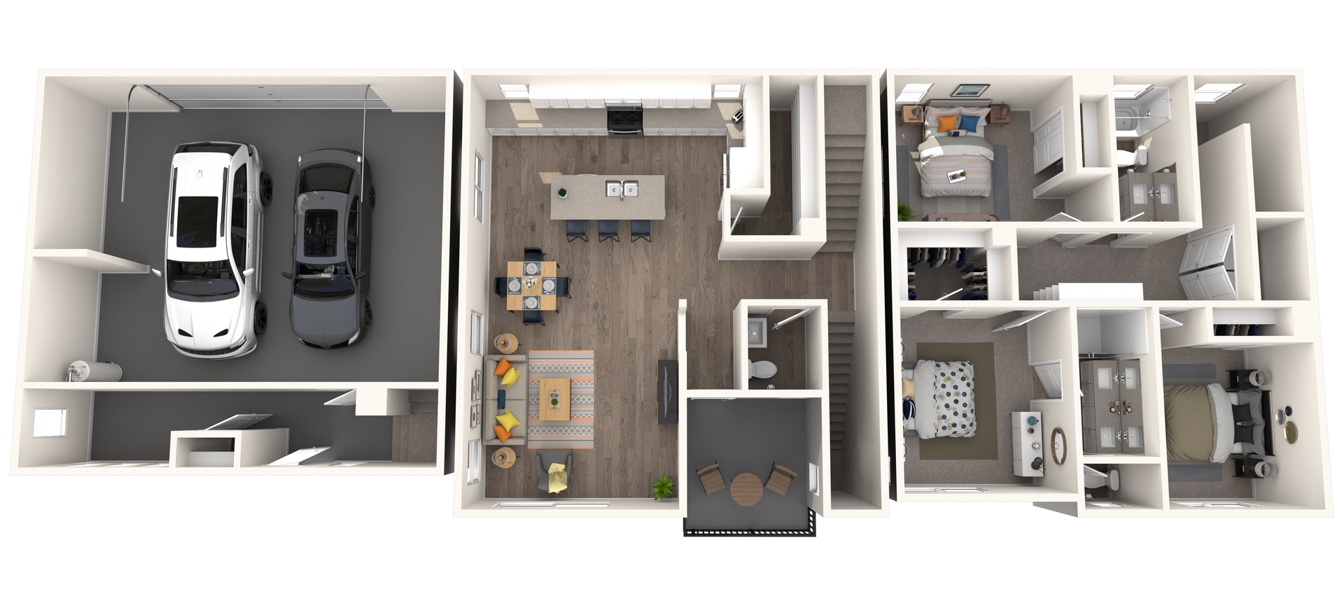 A 3d floor plan of a house with a car in the garage.