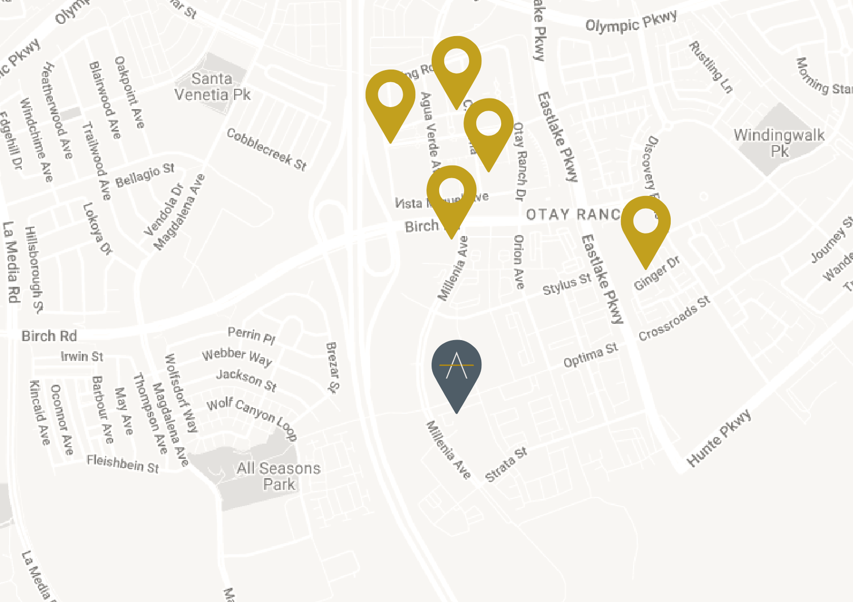 Map with six yellow location pins clustered near Otay Ranch, California. A grey pin is south.