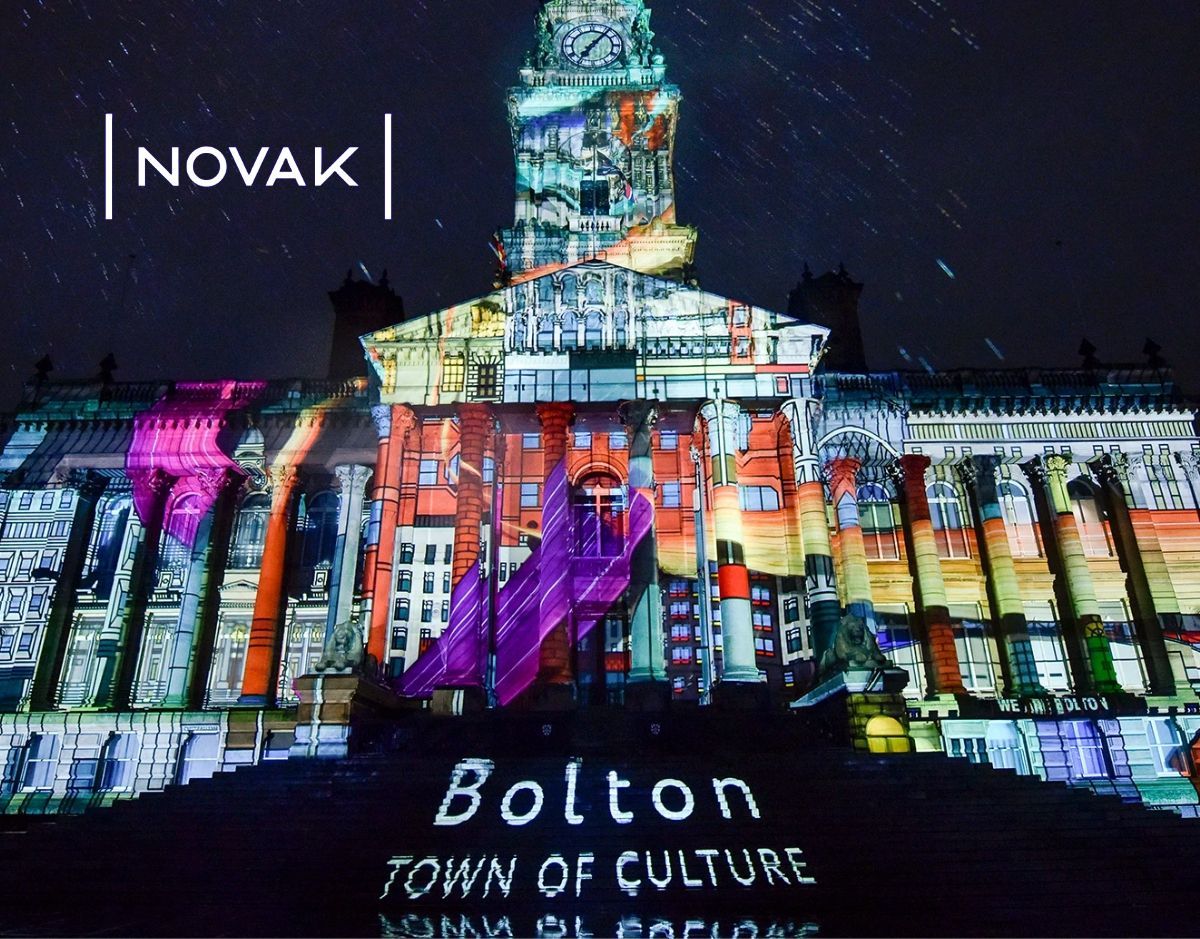 projection mapped Bolton Town Hall for YARN at Put Big Light On festival 2024