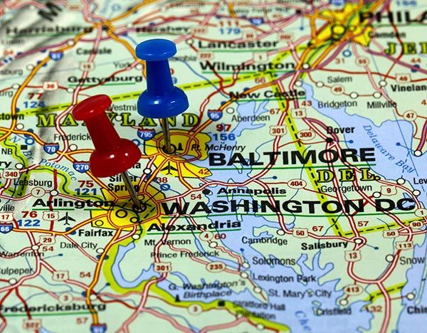 A map with pushpins on Baltimore and Washington D.C.