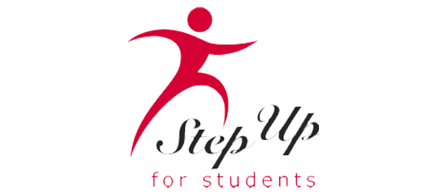A red and black logo for step up for students