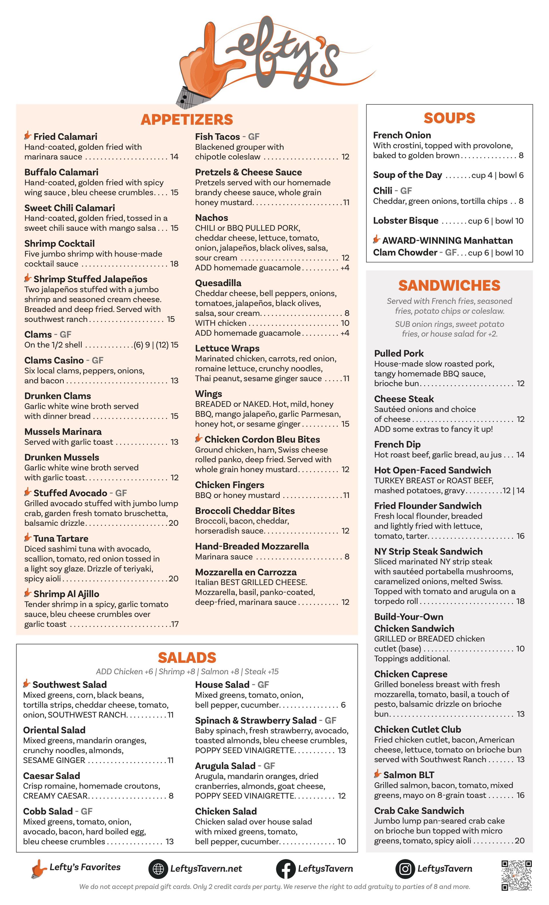 A menu for a restaurant called lefty 's with a qr code on it.