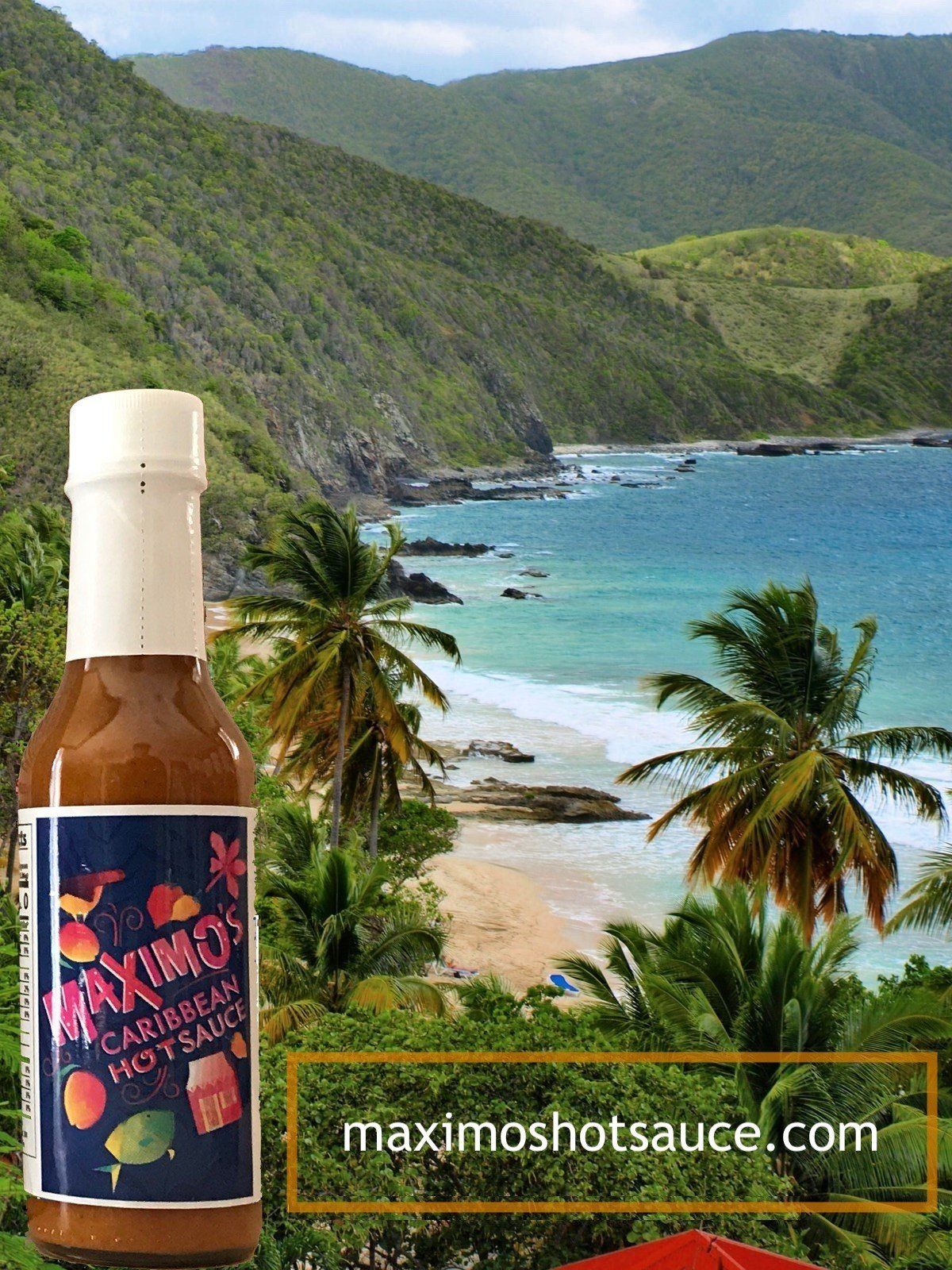 A bottle of maximo hot sauce with a beach in the background