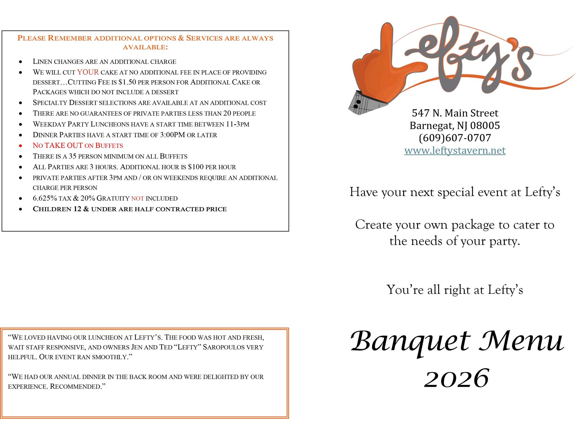 A banquet menu for lefty 's restaurant in 2026
