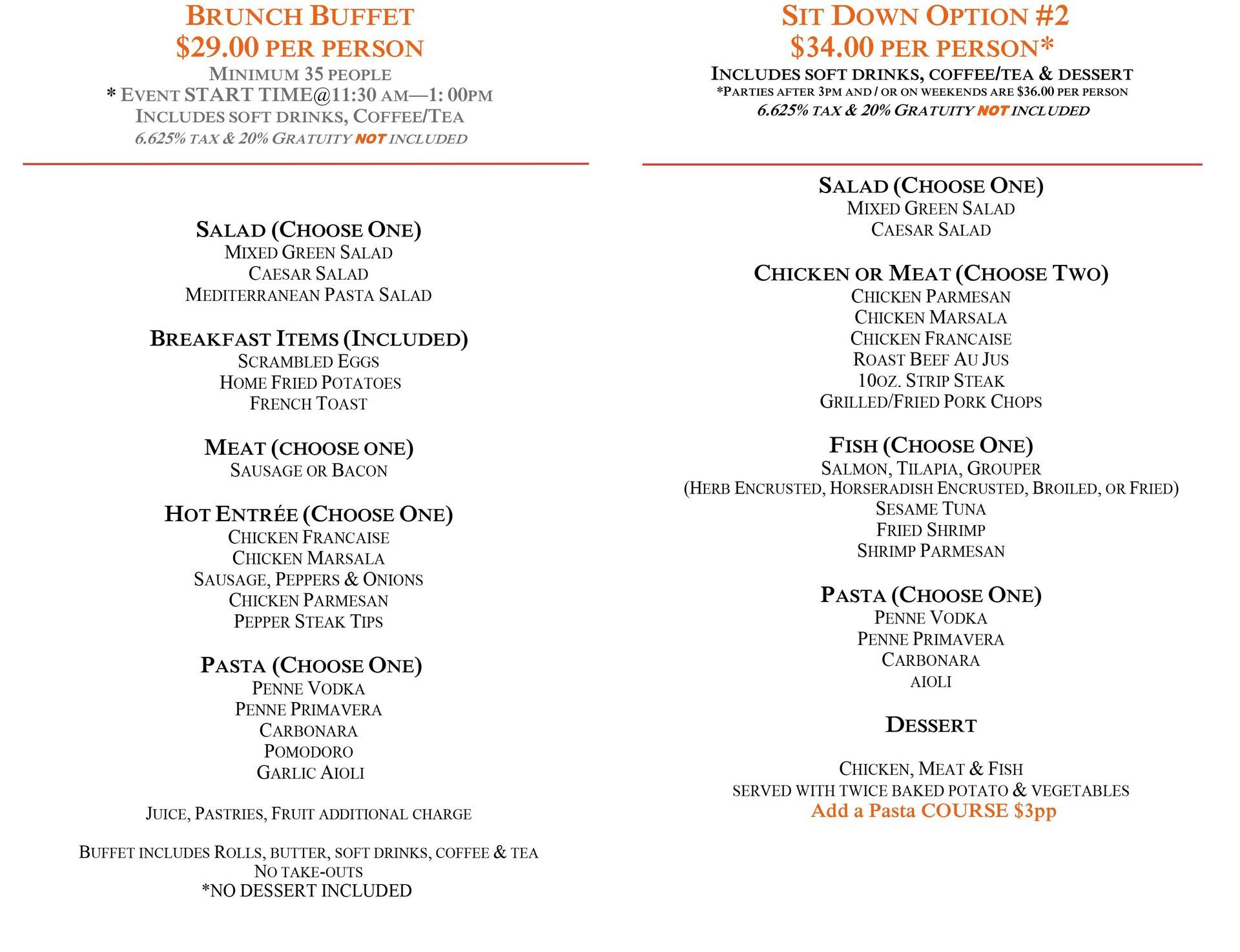 A menu for a restaurant with a brunch buffet and a sit down option
