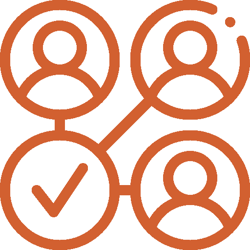 A group of people connected to each other with a check mark in the middle.