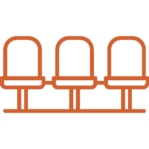 A line drawing of a row of chairs on a white background.