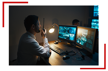 A man is sitting at a desk in front of a computer talking on a walkie talkie.