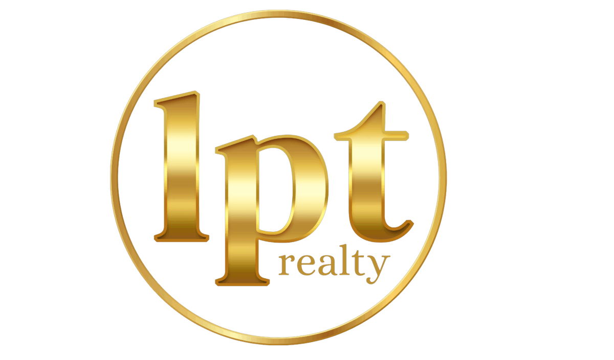 Gold &ldquo;lpt realty&rdquo; logo inside a circular border