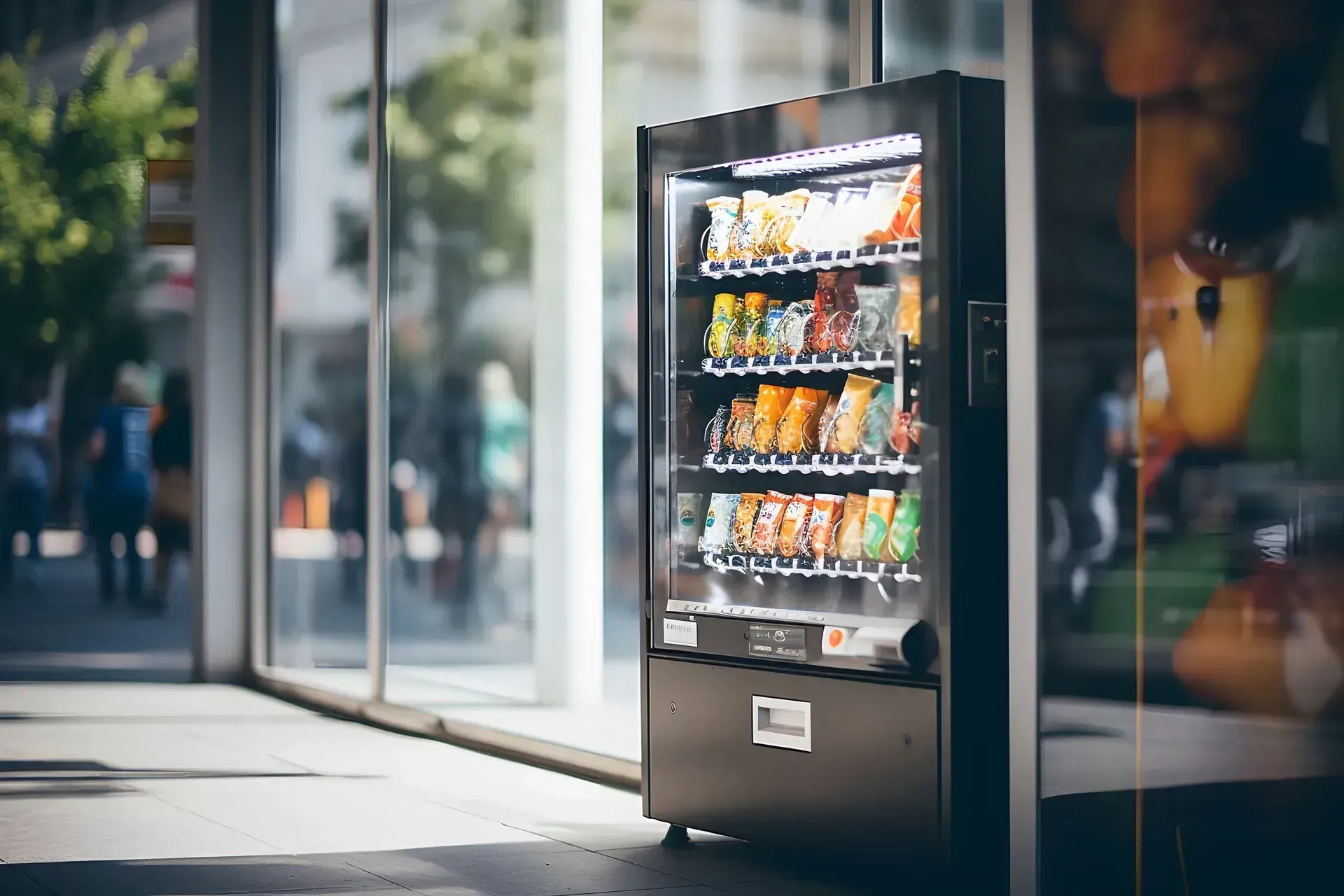 A vending machine is sitting outside of a building in Los Angeles, CA