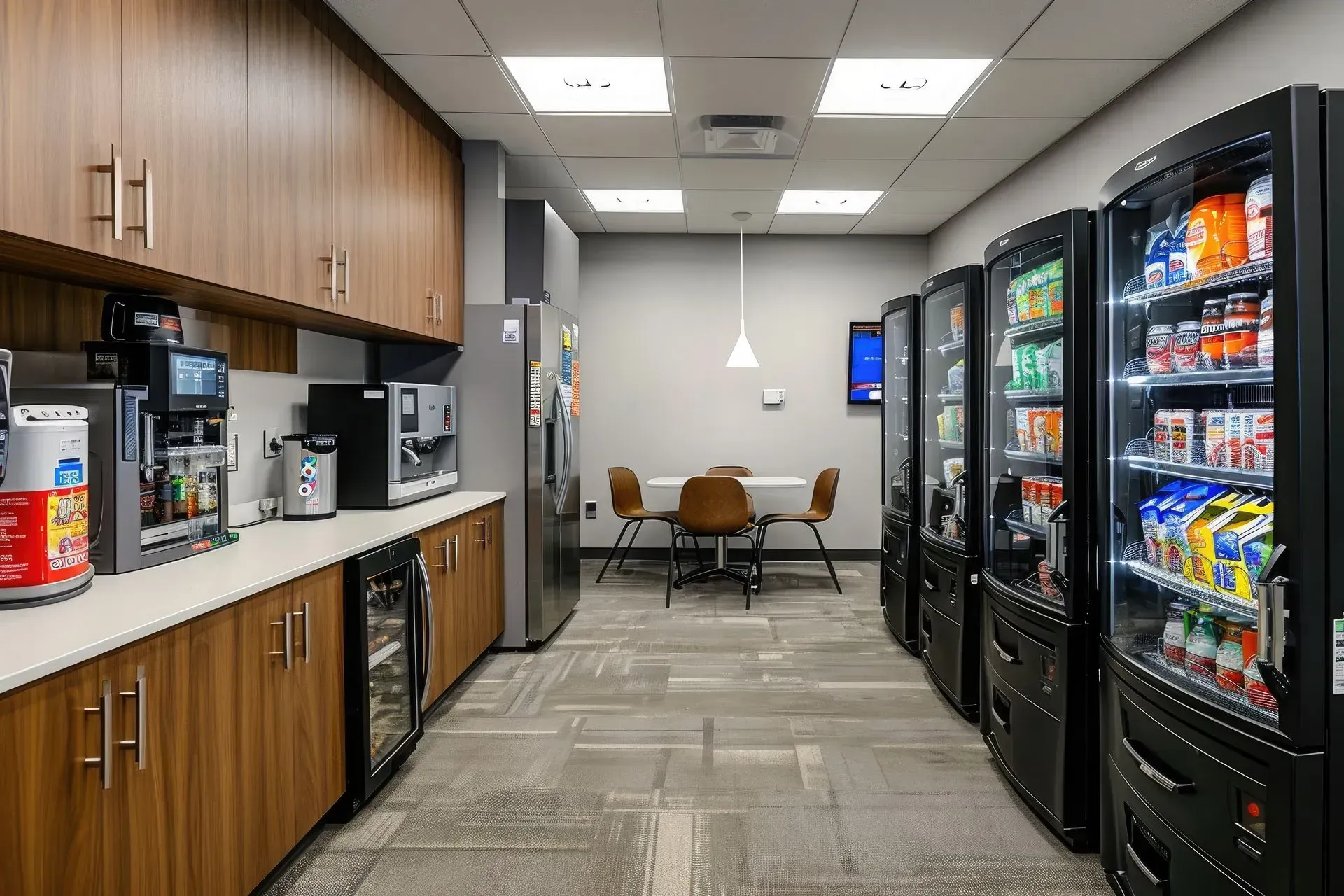 A kitchen with a lot of vending machines and a table in Los Angeles, CA